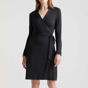 Quince Black V Neck Collared 100% Silk  Jersey Long Sleeve Mini Wrap Dress